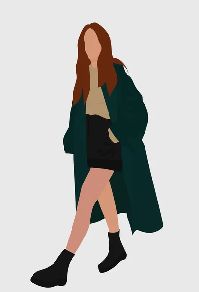 Girl Green Long Coat Dark Boots Lady Shorts Sweater Vector — Vetor de Stock