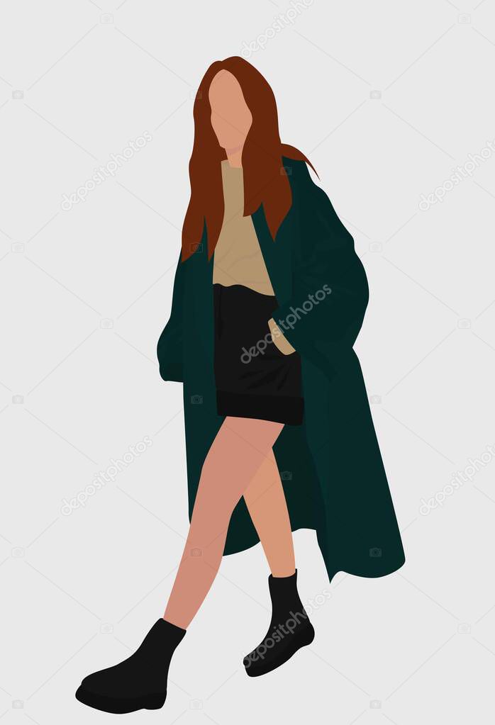 Girl in a green long coat and dark boots. Lady in shorts and sweater. Vector flat illustration. Design for cards, posters, backgrounds, templates, textiles, avatars.