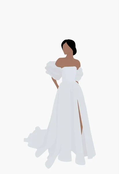 Young attractive girl in a wedding long dress. White dress with a slit. Vector flat image. Design for cards, posters, invitations, backgrounds, textiles, avatars, templates.