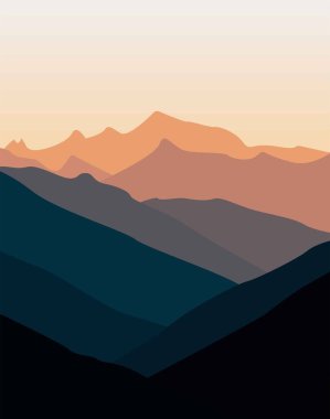 Vector flat image of mountains in tones from dark to light. A pleasantly vivid depiction of rocky mountain peaks and hills. Design for cards, posters, backgrounds, templates, textiles, t-shirts.