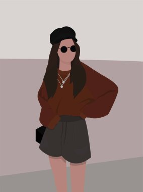 Vector flat image of a young girl in a hat, glasses, blouse, shorts. A young lady in an urban environment in spring and autumn. Design for cards, posters, avatars, templates, textiles.