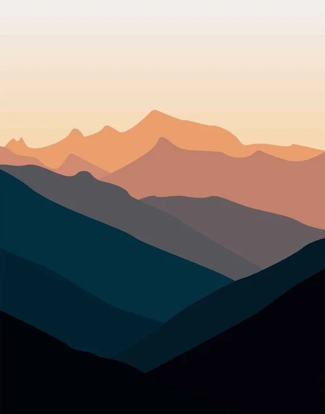 Vector flat image of mountains in tones from dark to light. A pleasantly vivid depiction of rocky mountain peaks and hills. Design for cards, posters, backgrounds, templates, textiles, t-shirts.