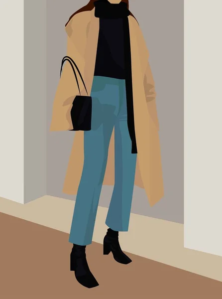 Girl Bad Coat Sweater Jeans Black Boots Bag Vector Flat — 图库矢量图片