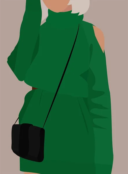 緑の長いニットのドレスで魅力的な若い女の子 明るい女性のベクトルフラットイメージ アバター ポスター Tシャツ カード テキスタイルのデザイン — ストックベクタ