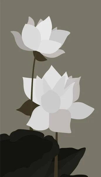 Два Белых Цветка Сером Фоне Векторное Плоское Изображение Флоры Легкий — стоковый вектор