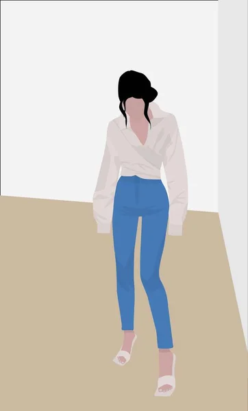 Imagen Plana Vectorial Una Joven Una Blusa Ligera Jeans Sandalias — Vector de stock