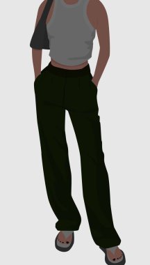 Pantolon, tişört, sandalet ve çanta giymiş bir kızın düz görüntüsü. Yaz elbisesi içinde tatlı bir kız. Kartpostallar, posterler, arka planlar, şablonlar, tekstil, avatarlar için tasarım.