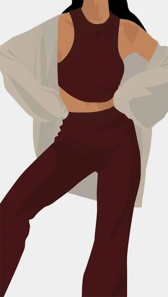 グレーのカーディガンにブルゴーニュのスーツを着た女の子のベクトルフラットイメージ 素敵な黒髪の女の子 はがき ポスター アバター テンプレート 織物のデザイン — ストックベクタ