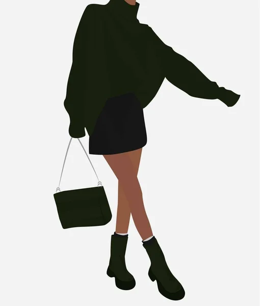 Ein Mädchen Warmem Pullover Grauem Minirock Stiefeln Und Einer Tasche Vektorgrafiken