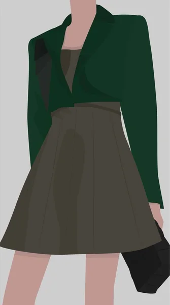 Chica Una Chaqueta Corta Verde Vestido Gris Imagen Plana Vectorial — Vector de stock