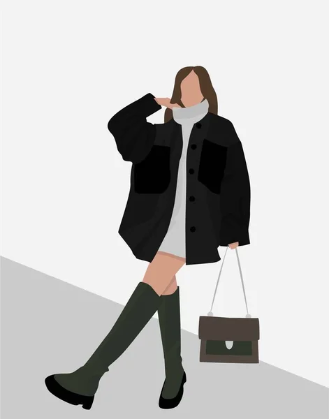 Imagen Plana Vectorial Una Joven Vestido Gris Botas Largas Verdes — Vector de stock