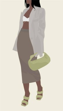 Açık yaz kıyafetleri içinde bir kız: bir ceket, bir bluz, uzun bir etek, sandaletler ve bir çanta. Koyu saçlı bir bayanın düz görüntüsü. Avatarlar, posterler, arka planlar, şablonlar, tekstil için tasarım.