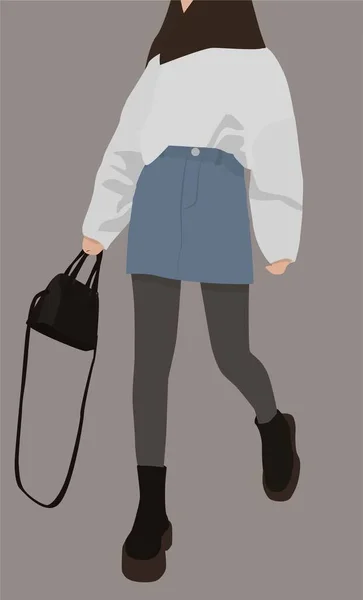 Vector Flachbild Eines Mädchens Jeansrock Grauem Pullover Dunkler Strumpfhose Stiefeln — Stockvektor