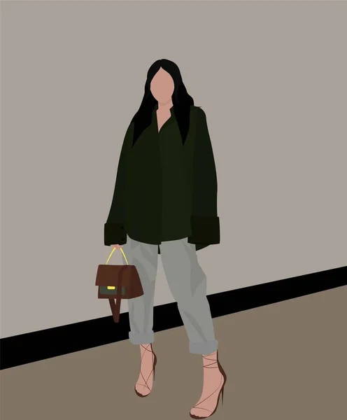 一个穿着深绿色衬衫 灰色裤子 高跟鞋和手提包的女孩 一个年轻貌美的矢量平面形象 明信片 手提箱 纺织品的设计 — 图库矢量图片