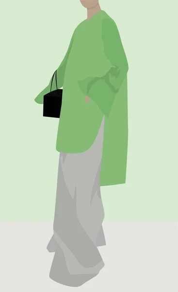 一个穿着宽松的灰色裤子和绿色斗篷的年轻女孩 一个带着黑包的女士的矢量平面图像 明信片 纺织品的设计 — 图库矢量图片