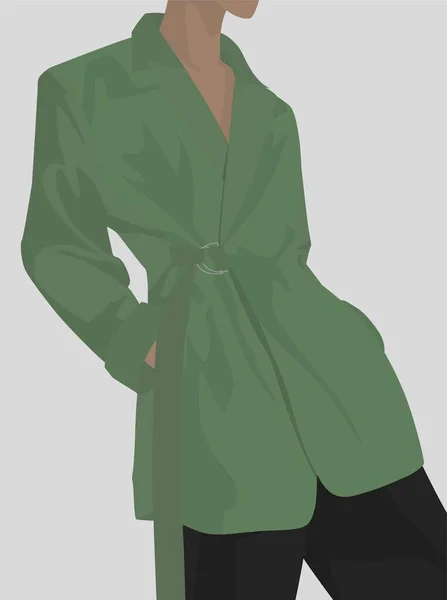 Uma Rapariga Casaco Verde Calças Pretas Imagem Vetorial Plana Uma —  Vetores de Stock