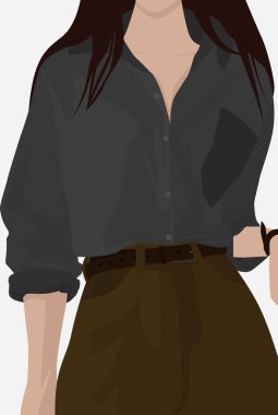 Kahverengi saçlı bir kızın vektör düz görüntüsü. Gri gömlekli ve kahverengi pantolonlu kadın. Kartpostallar, posterler, arka planlar, şablonlar, tekstil, avatarlar için tasarım.