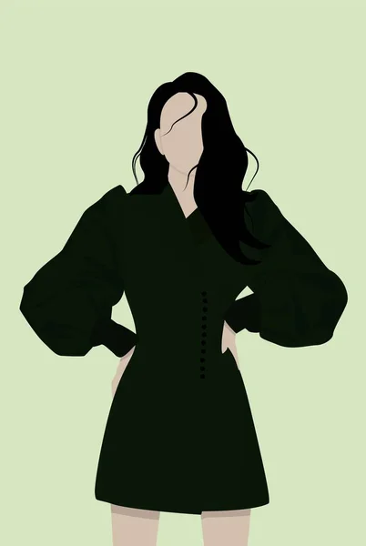 Encantadora Chica Cabello Oscuro Vestido Verde Oscuro Con Mangas Voluminosas — Vector de stock