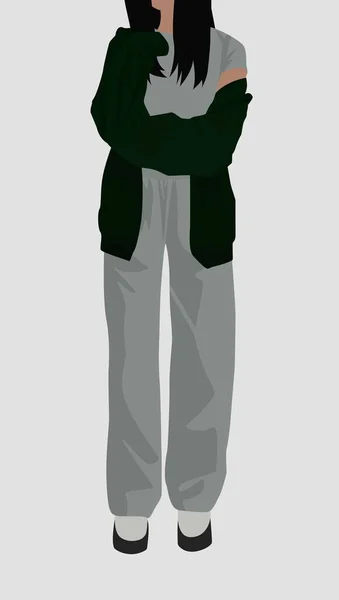 Une Fille Pantalon Lâche Gris Shirt Gris Une Veste Verte — Image vectorielle