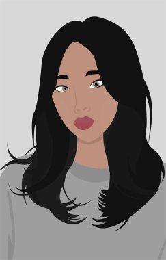 Gri tişörtlü, siyah saçlı bir kızın düz görüntüsü. Tatlı bakışlı tatlı bir anne. Kartpostallar, posterler, avatarlar, arka planlar, şablonlar, tekstil için tasarım.