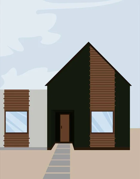 Ein Landhaus Mit Großen Fenstern Einer Tür Und Einem Steinweg — Stockvektor
