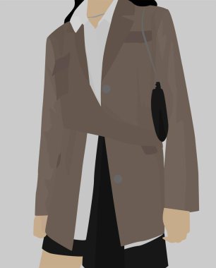 Gri ceketli, şortlu, gömlek ve çantalı bir kız. Katı elbiseli bir kızın düz görüntüsü. Kartpostallar, posterler, arka planlar, avatarlar, şablonlar, tekstil için tasarım.