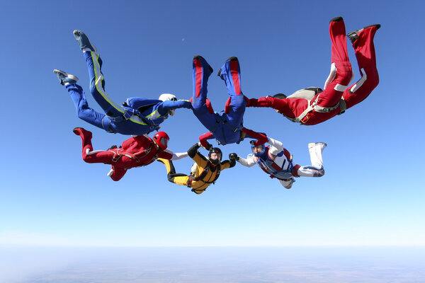 Skydivers in the sky