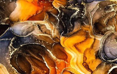 Soyut kahverengi parlak renk sıvısı arkaplan, altın çizgili el yapımı alkol boyası, arka plan tasarımı için sıvı mürekkep dokusu