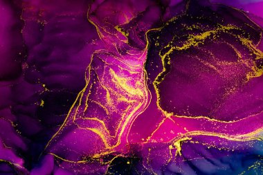 Soyut pembe ve mavi parlak renk sıvısı arkaplan, altın çizgili el yapımı alkol boyası, fon tasarımı için sıvı mürekkep dokusu