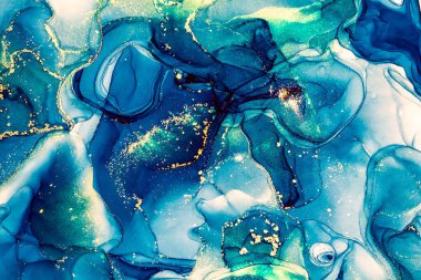 Soyut mavi parlak renk sıvısı arkaplan, altın çizgili el yapımı alkol boyası, arkaplan tasarımı için sıvı mürekkep dokusu