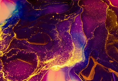 Soyut parlak parlak renk sıvısı arkaplan, altın çizgili el yapımı alkol boyası, yüksek çözünürlüklü arka plan tasarımı için sıvı mürekkep dokusu