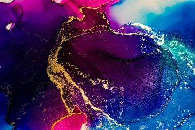 Soyut parlak parlak renk sıvısı arkaplan, altın çizgili el yapımı alkol boyası, yüksek çözünürlüklü arka plan tasarımı için sıvı mürekkep dokusu