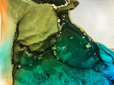 Soyut parlak parlak renk sıvısı arkaplan, altın çizgili el yapımı alkol boyası, arka plan tasarımı için sıvı mürekkep dokusu