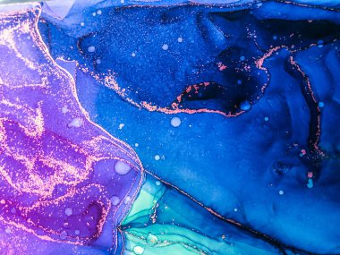 Soyut parlak parlak renk sıvısı arkaplan, altın çizgili el yapımı alkol boyası, arka plan tasarımı için sıvı mürekkep dokusu