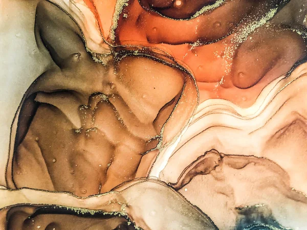 Soyut parlak parlak renk sıvısı arkaplan, altın çizgili el yapımı alkol boyası, arka plan tasarımı için sıvı mürekkep dokusu