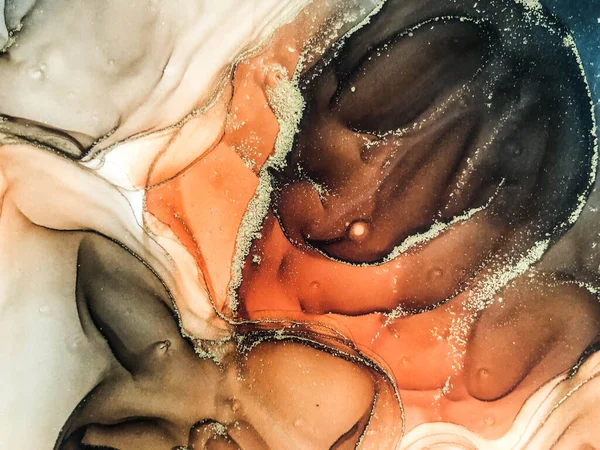 Soyut parlak parlak renk sıvısı arkaplan, altın çizgili el yapımı alkol boyası, arka plan tasarımı için sıvı mürekkep dokusu