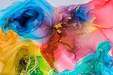 Soyut parlak renk sıvısı arkaplan, altın çizgili el yapımı alkol boyası, yüksek çözünürlüklü arka plan tasarımı için sıvı mürekkep dokusu