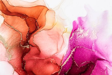 Abstract bright color fluid background, hand drawn alcohol painting with golden streaks, liquid ink technique texture for high resolution backdrop design