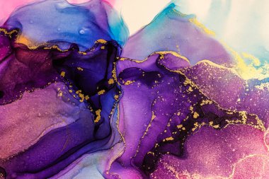 Abstract bright color fluid background, hand drawn alcohol painting with golden streaks, liquid ink technique texture for high resolution backdrop design