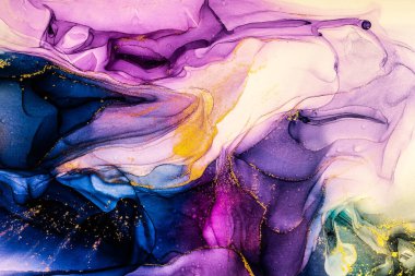 Abstract bright color fluid background, hand drawn alcohol painting with golden streaks, liquid ink technique texture for high resolution backdrop design