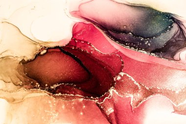 Abstract bright color fluid background, hand drawn alcohol painting with golden streaks, liquid ink technique texture for high resolution backdrop design