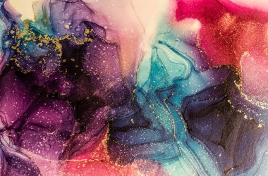 Soyut parlak parlak renk sıvısı arkaplan, altın çizgili el yapımı alkol boyası, yüksek çözünürlüklü arka plan tasarımı için sıvı mürekkep dokusu