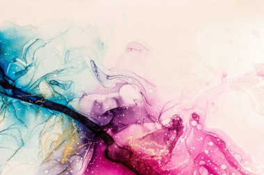 Abstract bright color fluid background, hand drawn alcohol painting with golden streaks, liquid ink technique texture for high resolution backdrop design