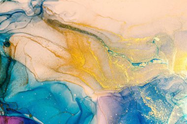 Soyut parlak renk sıvısı arkaplan, altın çizgili el yapımı alkol boyası, yüksek çözünürlüklü arka plan tasarımı için sıvı mürekkep dokusu