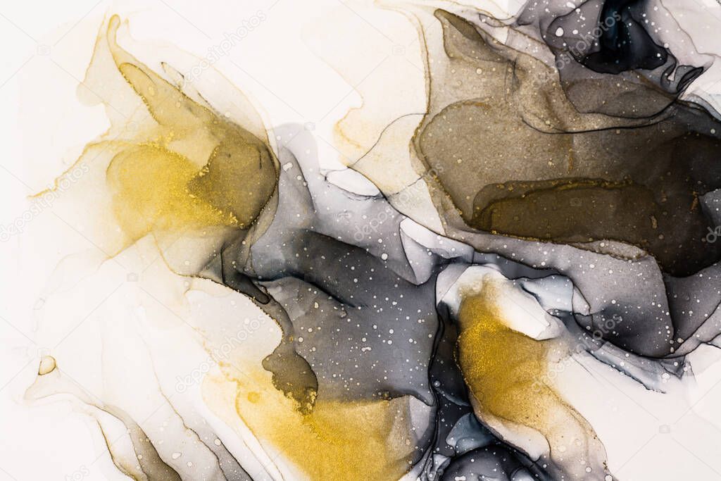 Abstract bright shiny color fluid background, hand drawn alcohol painting with golden streaks, liquid ink technique texture for high resolution backdrop design