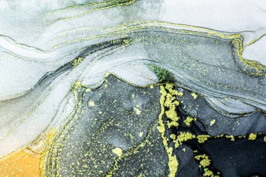 Soyut parlak parlak renk akışkan arka plan, altın çizgili el yapımı alkol tablosu. Sıvı mürekkep tekniği arkaplan tasarımı