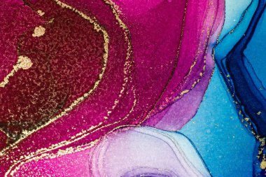 Soyut parlak parlak renk akışkan arka plan, altın çizgili el yapımı alkol tablosu. Yüksek çözünürlüklü arkaplan tasarımı için sıvı mürekkep dokusu