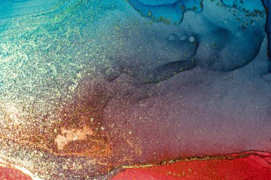 Soyut parlak parlak renk akışkan arka plan, altın çizgili el yapımı alkol tablosu. Yüksek çözünürlüklü arkaplan tasarımı için sıvı mürekkep dokusu