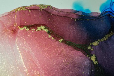 Soyut parlak parlak renk akışkan arka plan, altın çizgili el yapımı alkol tablosu. Yüksek çözünürlüklü arkaplan tasarımı için sıvı mürekkep dokusu