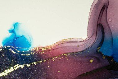 Soyut parlak parlak renk akışkan arka plan, altın çizgili el yapımı alkol tablosu. Yüksek çözünürlüklü arkaplan tasarımı için sıvı mürekkep dokusu